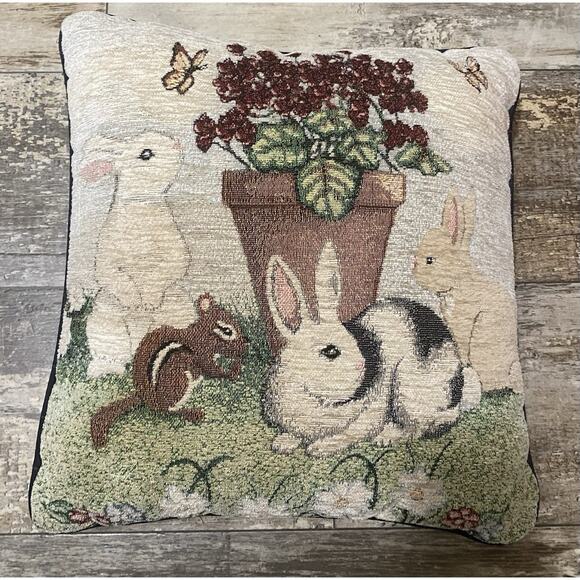Chenille Easter Tapestry Throw Pillow Bunny Rabbits & Squirrel 15" X 15" - Picture 1 of 5